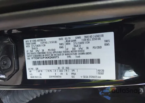 2019 Ford F-150 Xl из США, поврежденный, VIN 1FTEW1CP1KKD69573